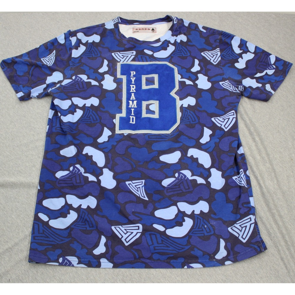 Black Pyramid T-Shirt Mens‎ Large Blue Camo Varsity Logo Patch Streetwear Tee